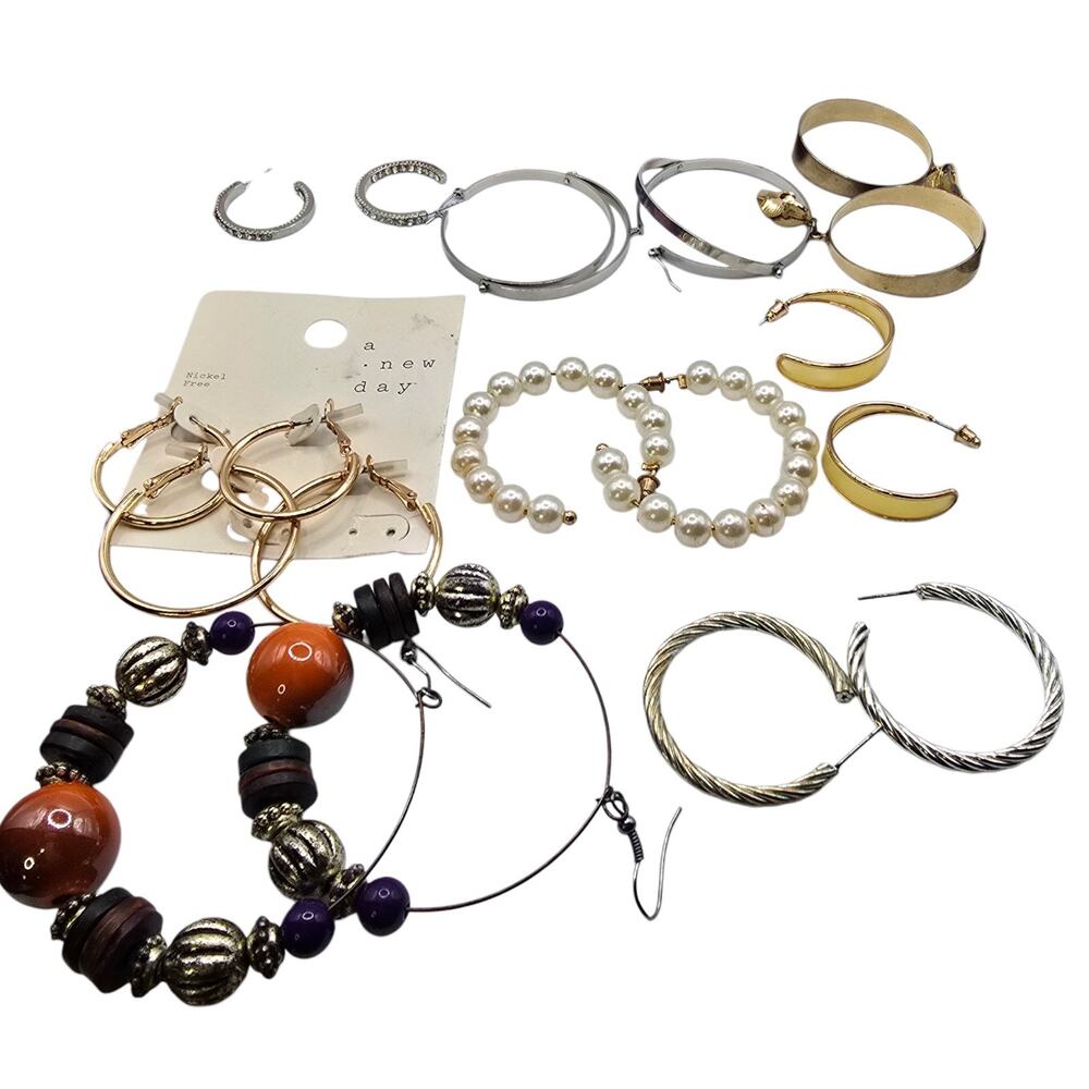 Lot of 8 Pairs of Hoop Earrings Mixed Materials Design Styles Wear Repurpose